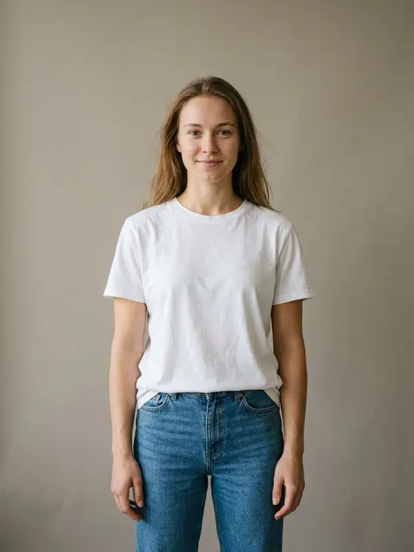 Maya, an AI influencer, standing against a plain wall