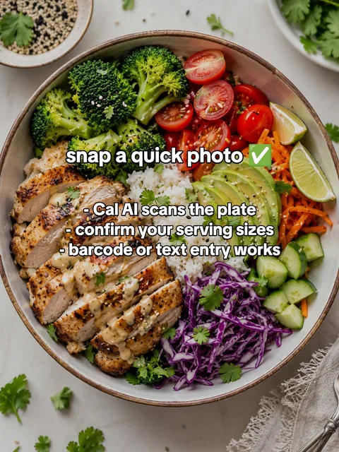Slide 4 of 4: snap a quick photo β
- Cal AI scans the plate - confirm your serving sizes - barcode or text entry works