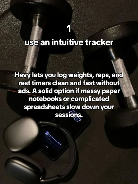 Slide 4 of 4: 1 use an intuitive tracker Hevy lets you log weights, reps, and rest timers clean and fast without ads. A solid option if messy paper notebooks or complicated spreadsheets slow down your sessions.